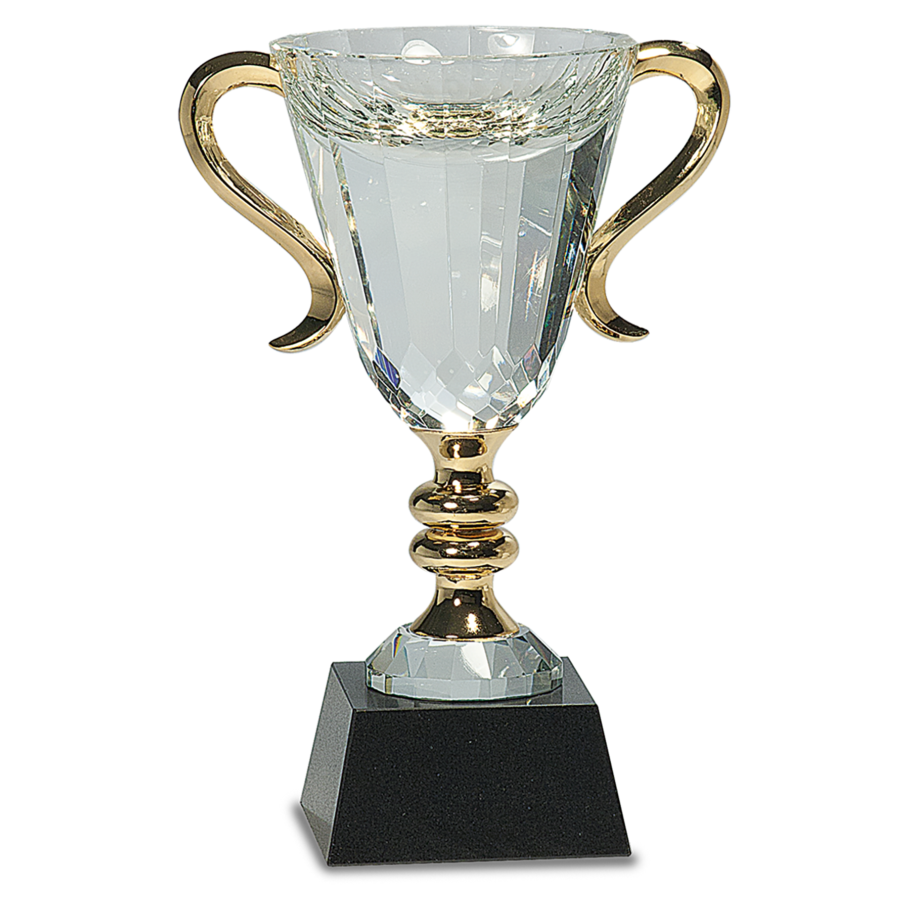 Crystal Trophy Cup Awards with Gold Metal Handles on Black Marble Pedestal