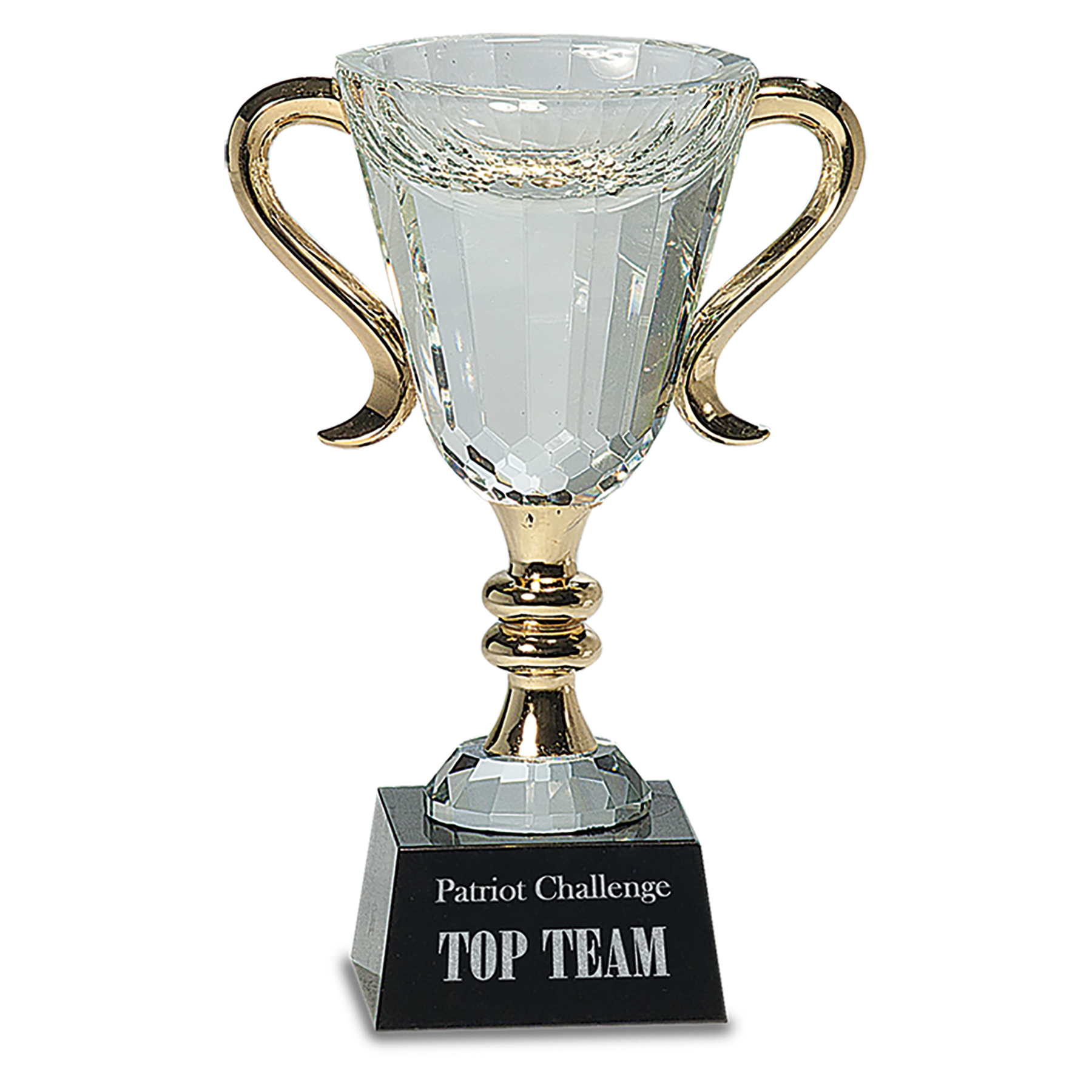 Crystal Trophy Cup Awards with Gold Metal Handles on Black Marble Pedestal