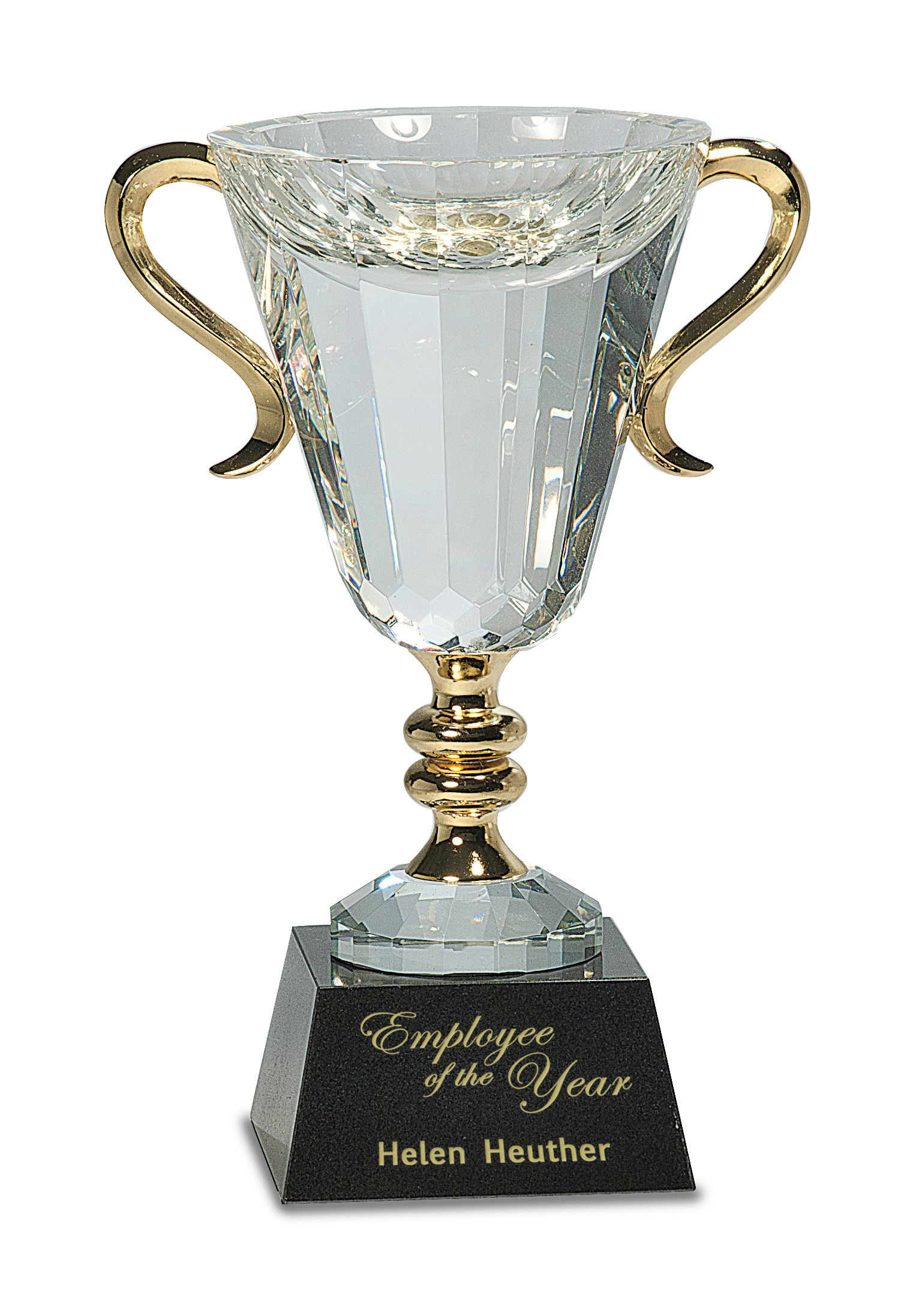 Crystal Trophy Cup Awards with Gold Metal Handles on Black Marble Pedestal