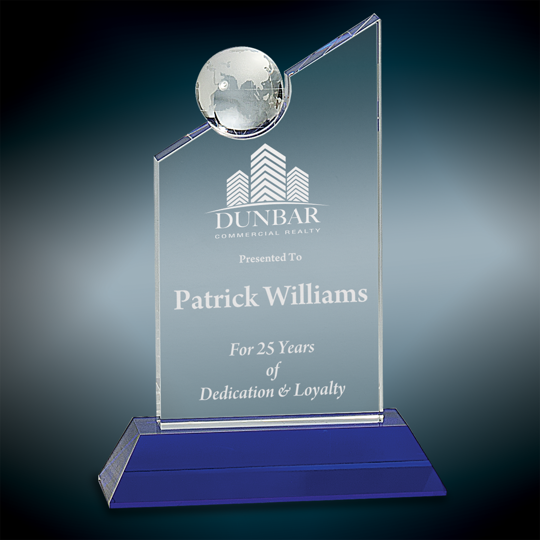 Crystal with Inset Crystal Globe Award on Blue Pedestal