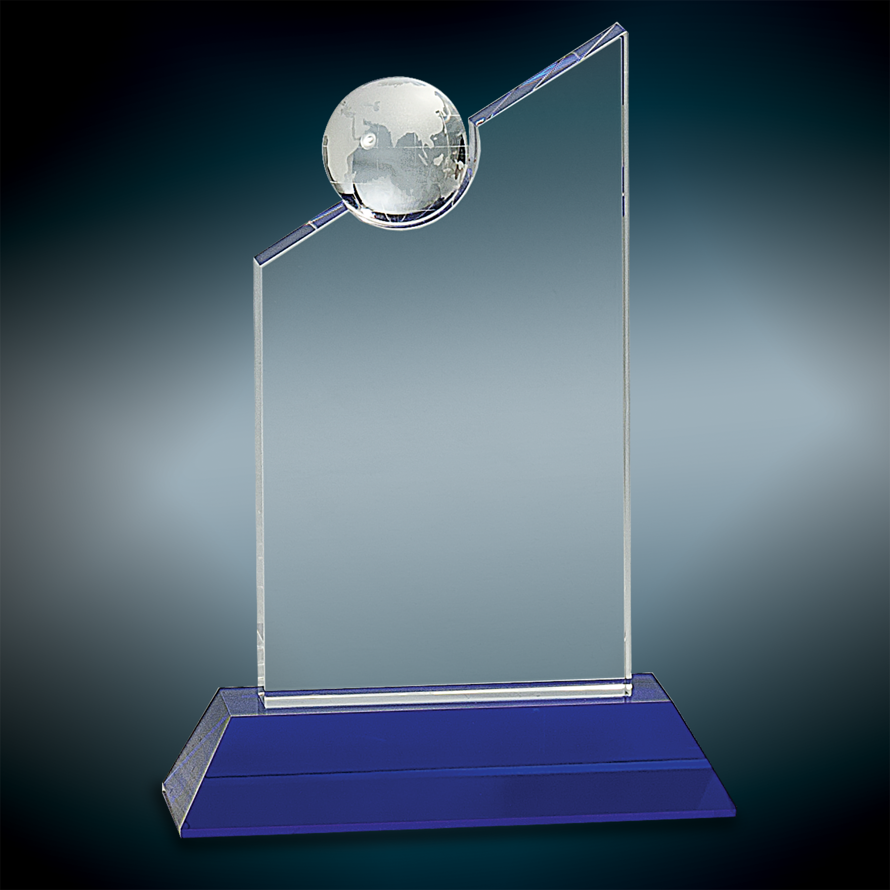 Crystal with Inset Crystal Globe Award on Blue Pedestal