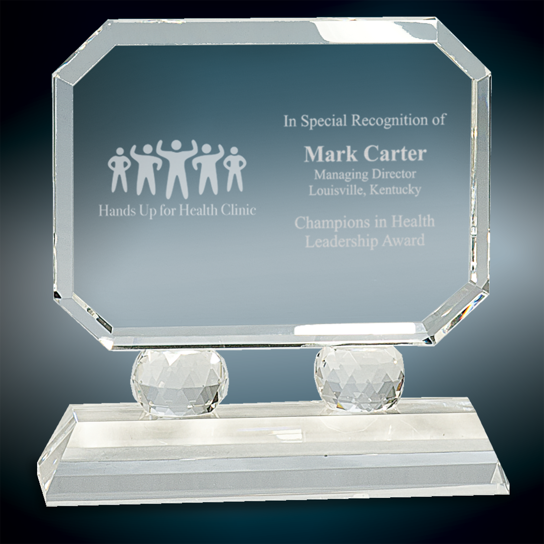 Rectangle Crystal Awards on 2-Column Clear Pedestal