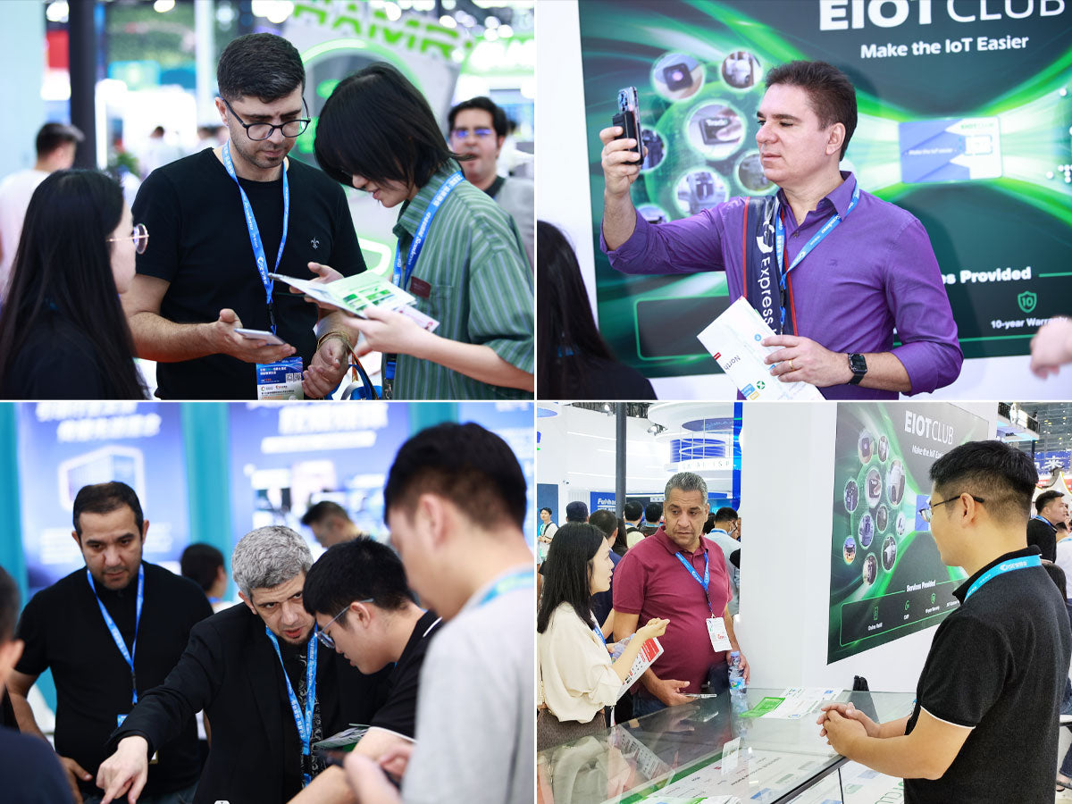 A photo collage showing various attendees and staff interacting enthusiastically at the EIOTCLUB booth during a trade show.