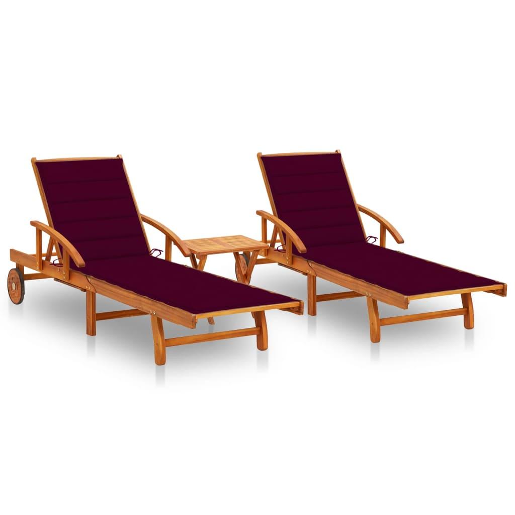 Sun Loungers 2 pcs with Table and Cushions Solid Wood Acacia