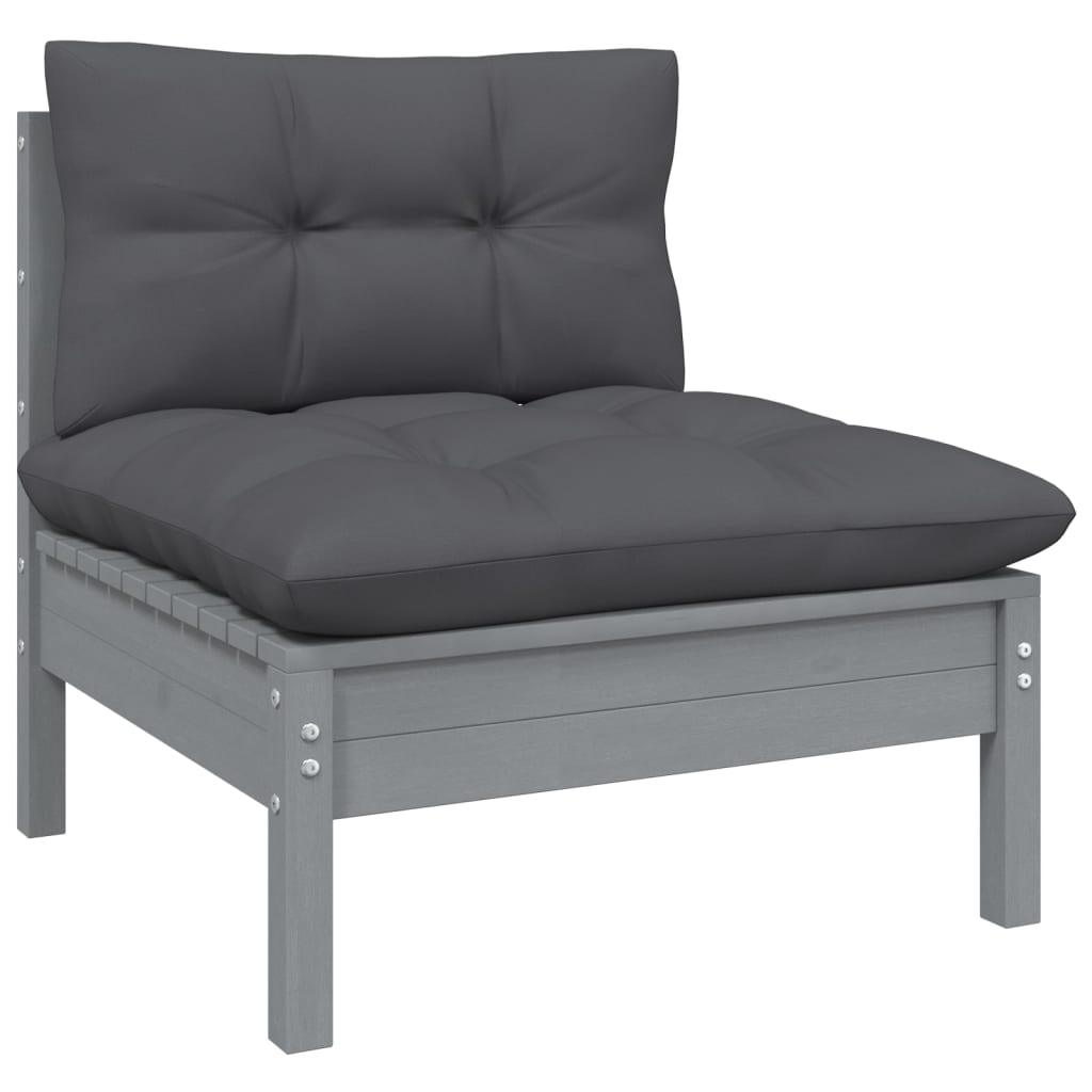 Patio Middle Sofa with Anthracite Cushions Gray Solid Pinewood