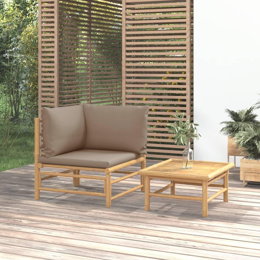 2 Piece Patio Lounge Set with Taupe Cushions Bamboo