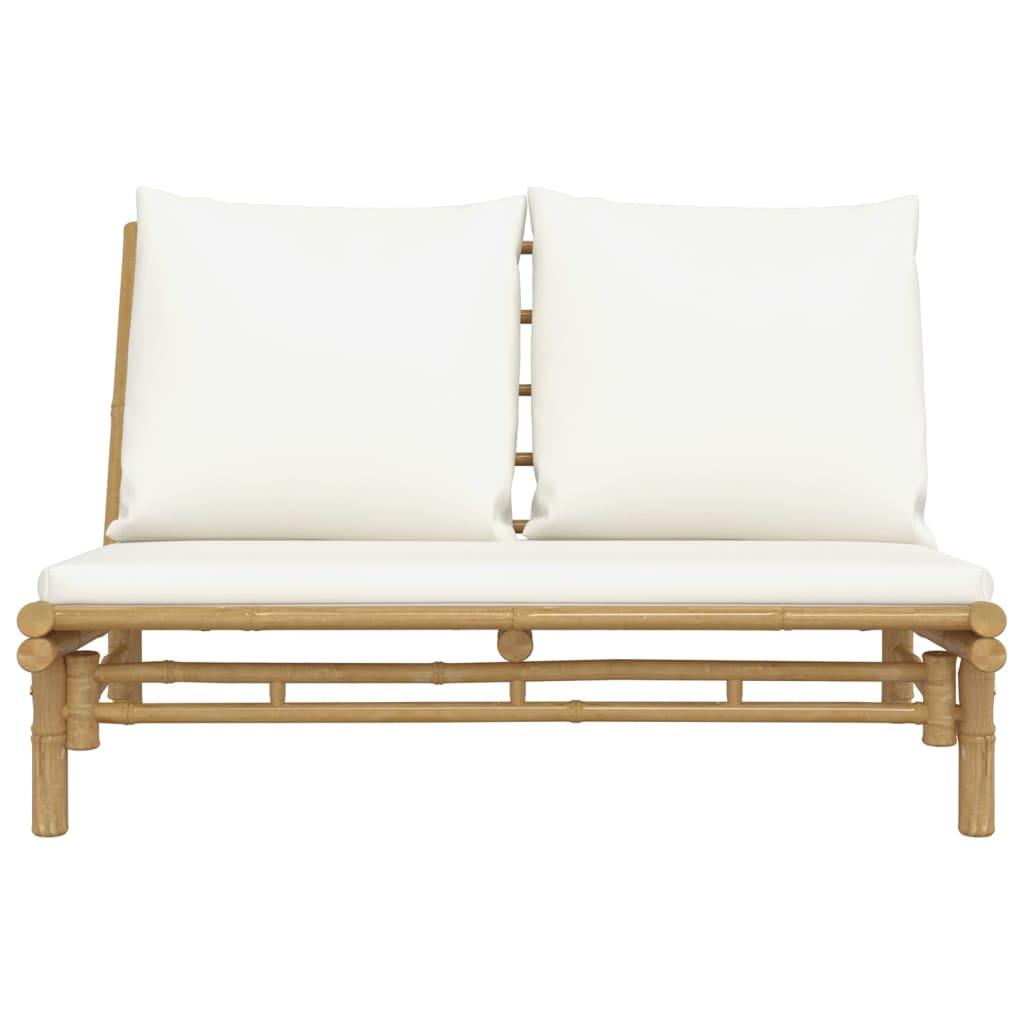 Patio Bench with Cream White Cushions Bamboo