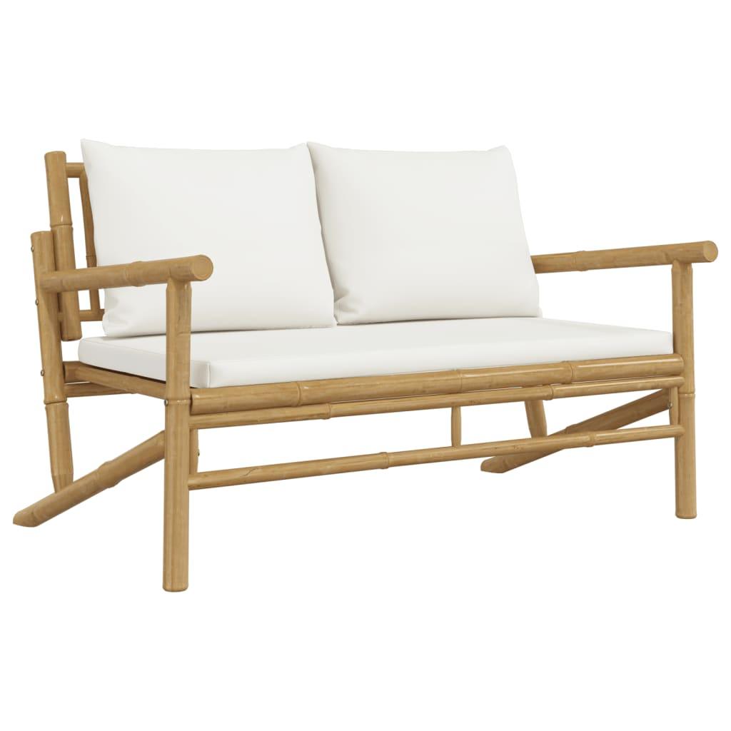 Patio Bench with Cream White Cushions Bamboo