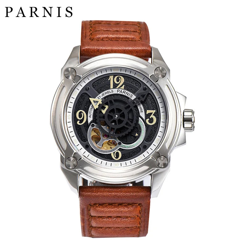 Parnis 44mm Black Skeleton Dial Automatic Mechanical Men Watch Sapphire Glass Japan Movement Leather Strap Watches