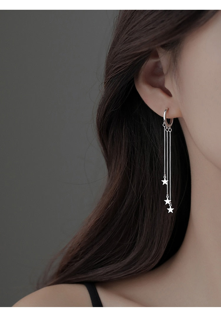 925 Sterling Silver Star Long Tassel Hoop Earrings For Women Fashion Female Fine Jewelry