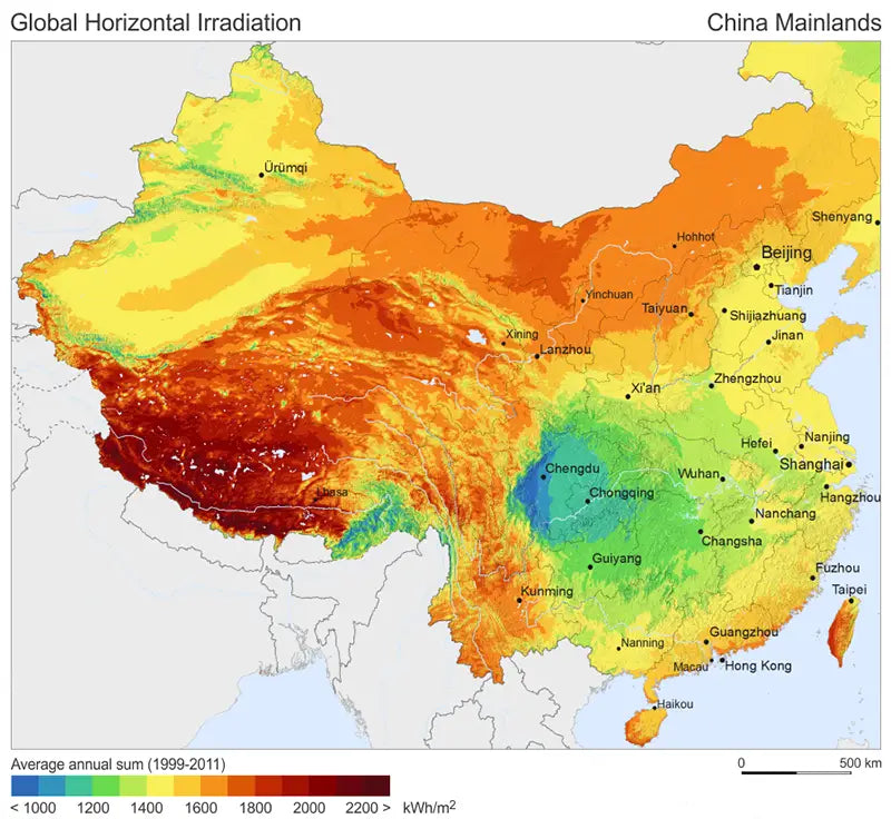 Distribution map of solar radiation in China