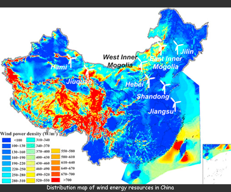 Distribution map of wind power resources in China