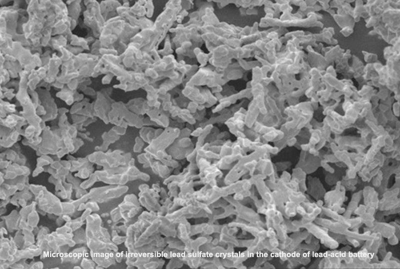 Microscopic image of irreversible lead sulfate crystals in the cathode of lead-acid battery