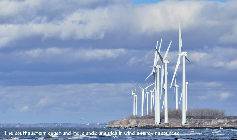 The southeastern coast and its islands are rich in wind energy resources