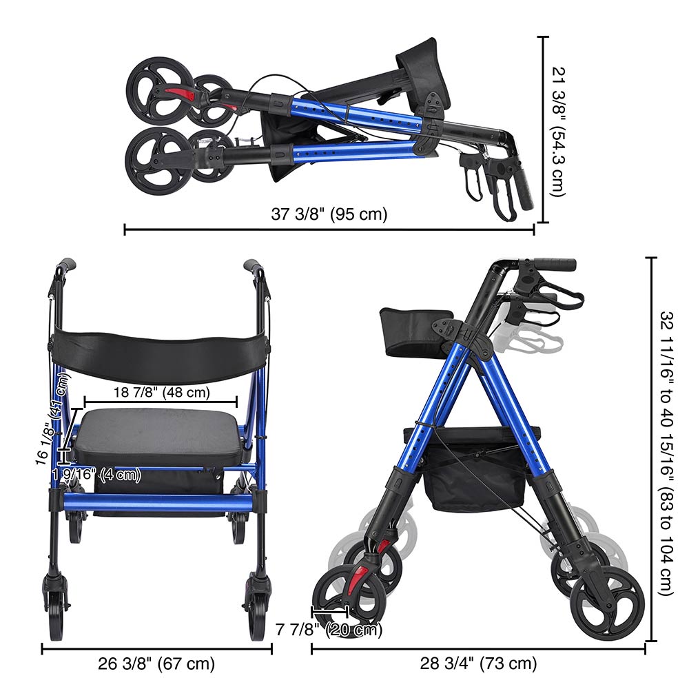 Rollator Aluminum Walker with Seat Back Support 450lbs 8