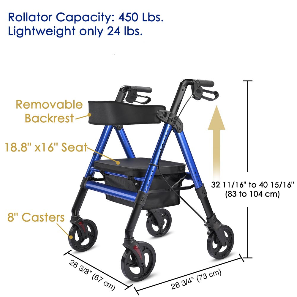 Rollator Aluminum Walker with Seat Back Support 450lbs 8