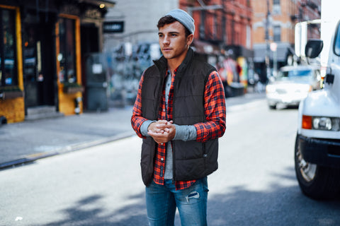 A man is wearing a heated jacket in Newyork street
