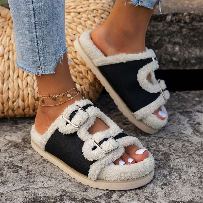 Slippers: Thick Sole Buckle Lamb Swool Slippers For Women Outdoor Gardern Indoor Lazy Plush Shoes