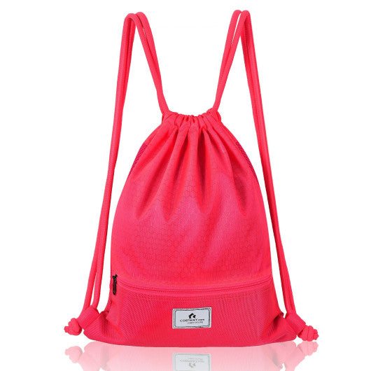 Drawstring Backpack String Bag Foldable Sports Sack with Zipper Pocket-Pink