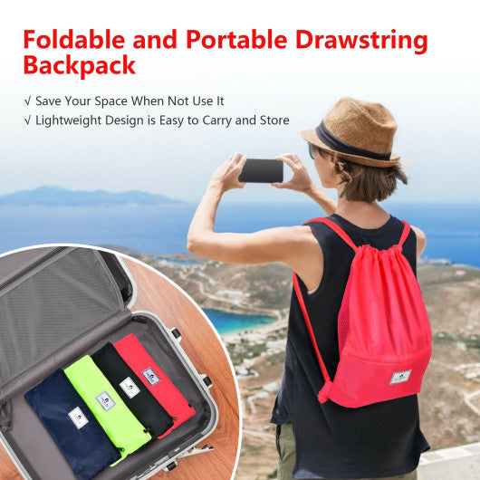 Drawstring Backpack String Bag Foldable Sports Sack with Zipper Pocket-Pink
