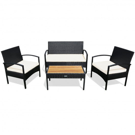 4 Pcs Patio Rattan Furniture Set Sofa Chair Coffee Table with Cushion-White