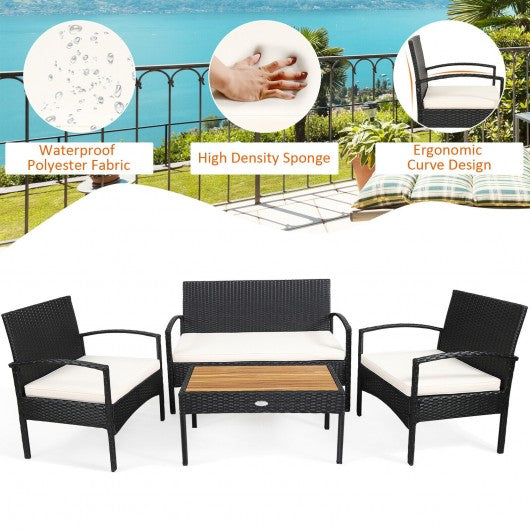 4 Pcs Patio Rattan Furniture Set Sofa Chair Coffee Table with Cushion-White