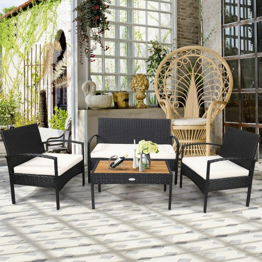 4 Pcs Patio Rattan Furniture Set Sofa Chair Coffee Table with Cushion-White