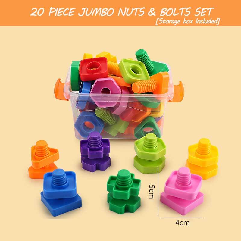 Jumbo Nuts and Bolts Toys 52Psc for Toddlers Preschoolers Kids, STEM Educational Montessori Building Construction Screw Matching Activities for 3,4,5 Year Old Boy and Girl | Shinymarch