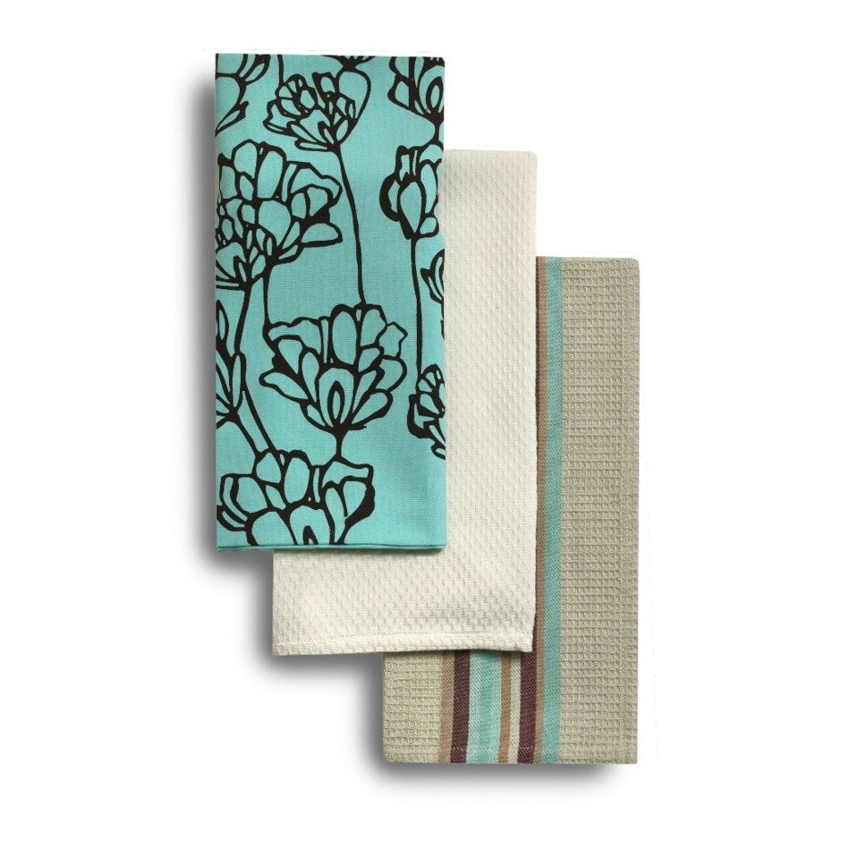 Set of 3 Tulip Print Kitchen Towel Aqua