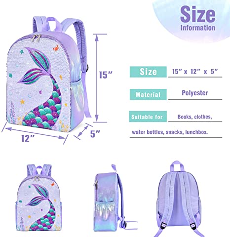 15 inches wernnsai sequin mermaid backpack for primary school girls for toddler girls size display