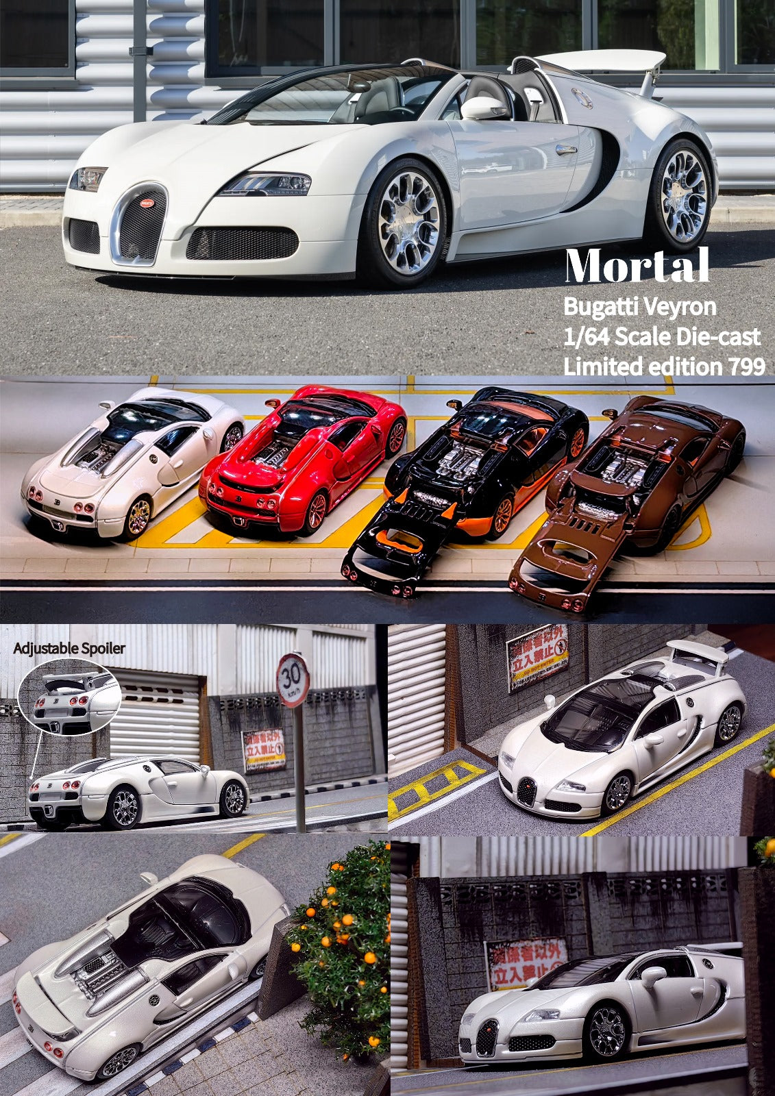 Mortal Bugatti Veyron in White With Adjustable Wing 1:64