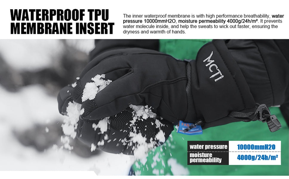 Close-up of a man holding a snowball, wearing MCTi  Ski Gloves to showcase the waterproof performance.