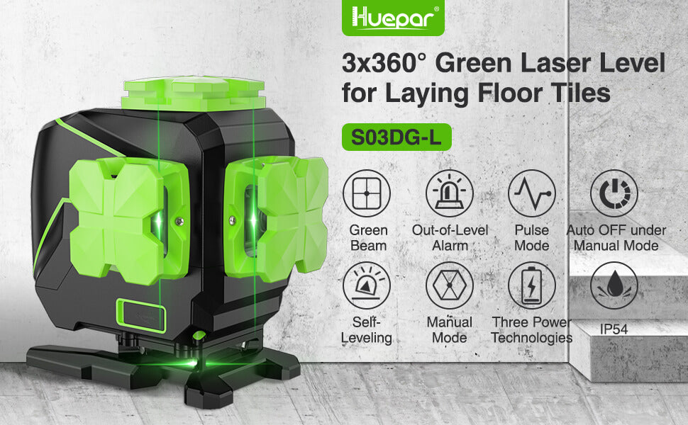 Huepar 903DG - 3D Cross Line Laser Level Green Beam Self-leveling Laser  Level Tools for Tiles Floor with Remote Control