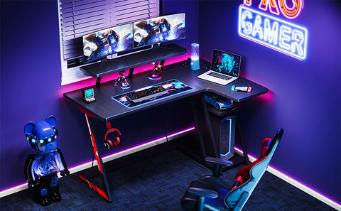 MOTPK Pink Gaming Desk L Shaped with LED Lights, Corner Gaming
