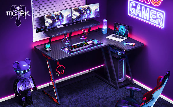 Carbon Fiber L Shaped Gaming Desk with LED Lights : DSR5454GLD