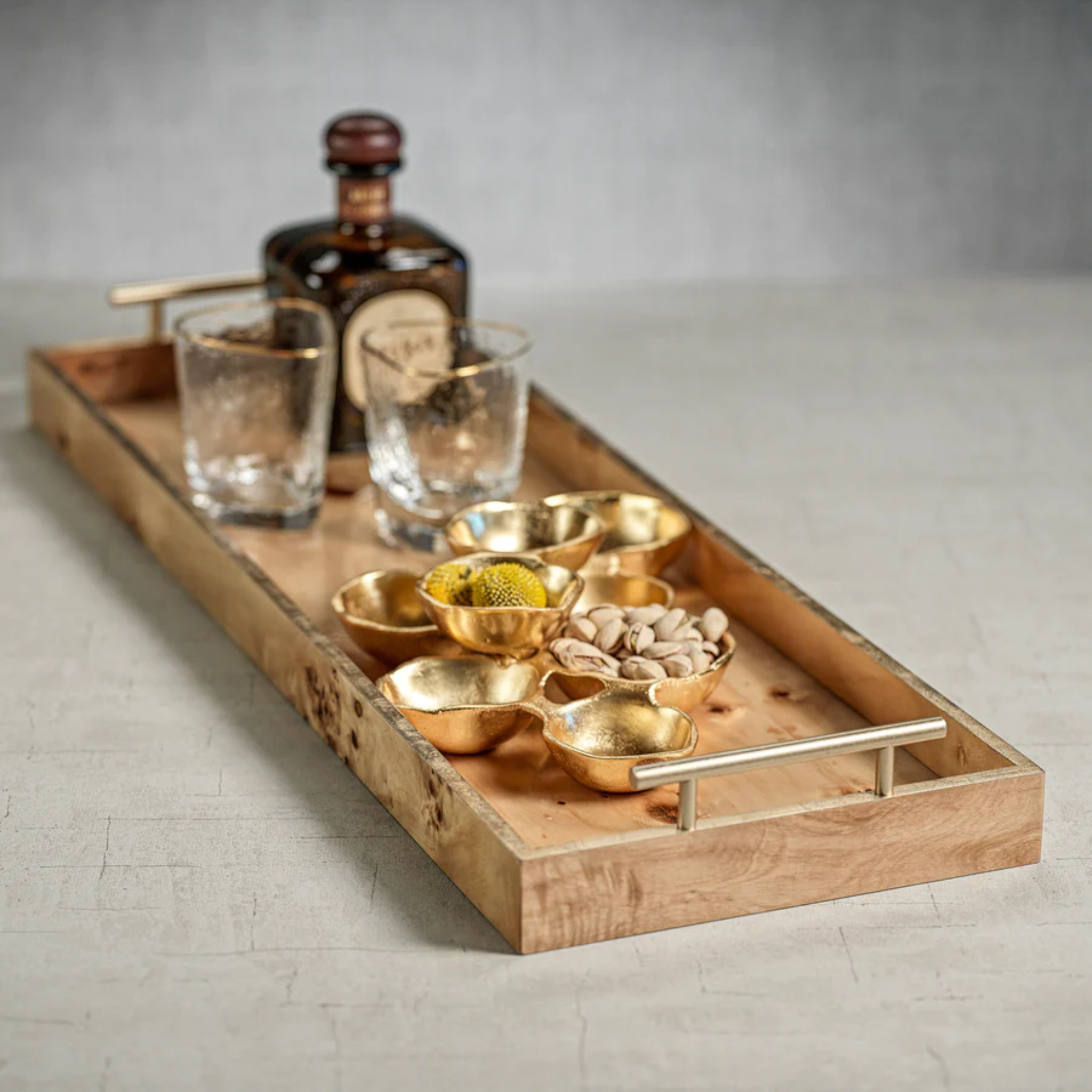 Burl Wood Tray with Gold Handles