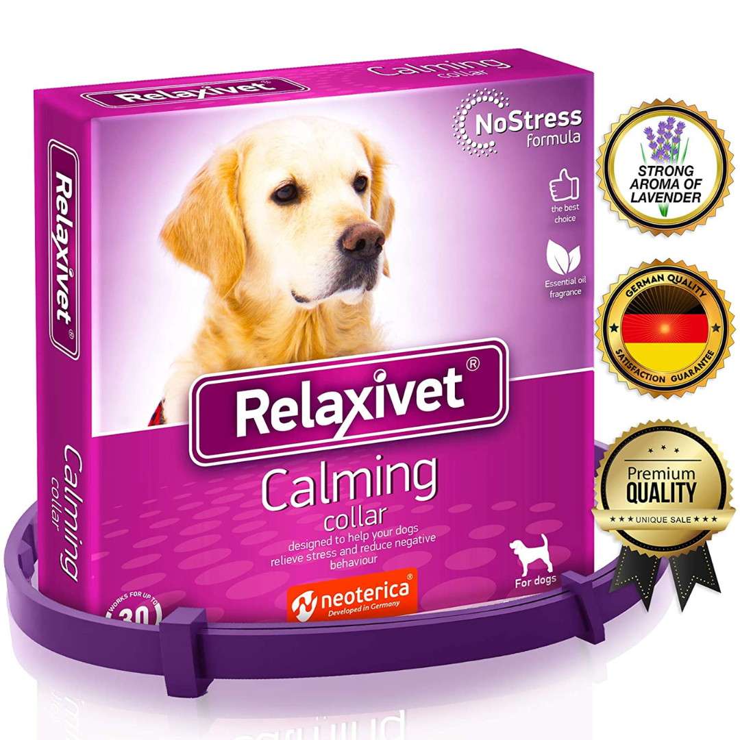 Relaxivet Calming Collar for Dogs | Improved DE-Stress Formula | Reduces Anxiety During Travel, Fireworks, Thunder, Vet Visits | Helps to Relieve Stress, Scratching, Fighting, Hiding