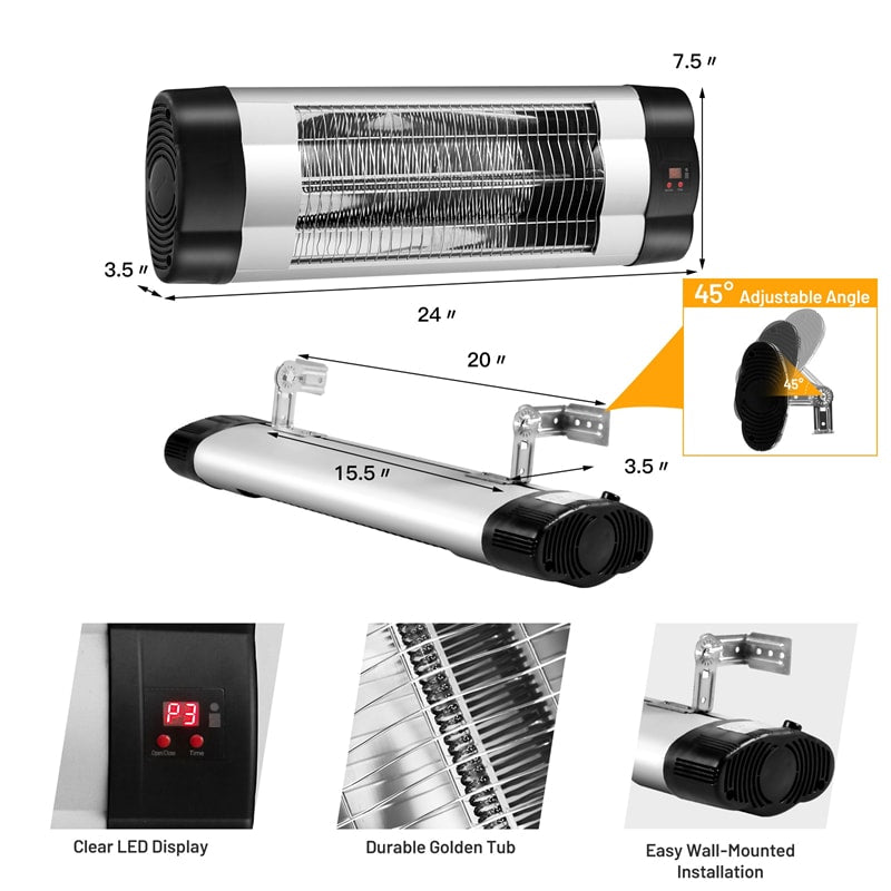 1500W Wall-Mounted Infrared Patio Heater 24H Timer 3 Modes Adjustable