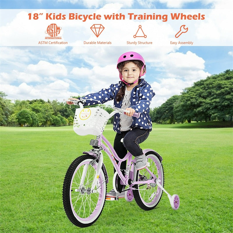 18 Inch Kids Adjustable Bike with Removable Training Wheels for Boys Girls