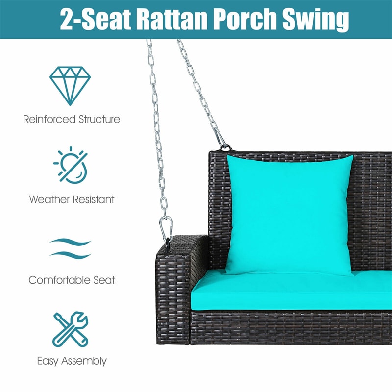 2-Person Outdoor Wicker Hanging Porch Swing Bench with 3 Cushions