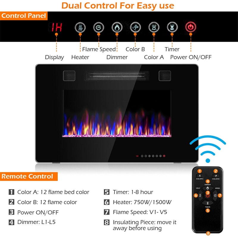 30" Recessed Electric Fireplace Ultra Thin Wall Mounted Heater with Touch Screen