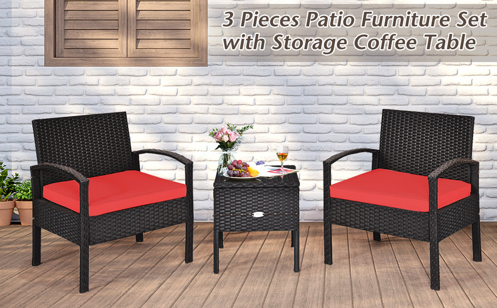 3 PCS PE Rattan Wicker Patio Conversation Set with Removable Cushion & Coffee Table