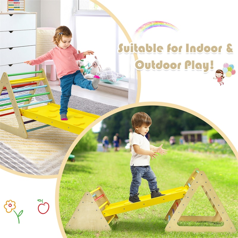 3 in 1 Kids Climbing Pikler Triangle Ladder Wooden Triangle Climber with Sliding Ramp