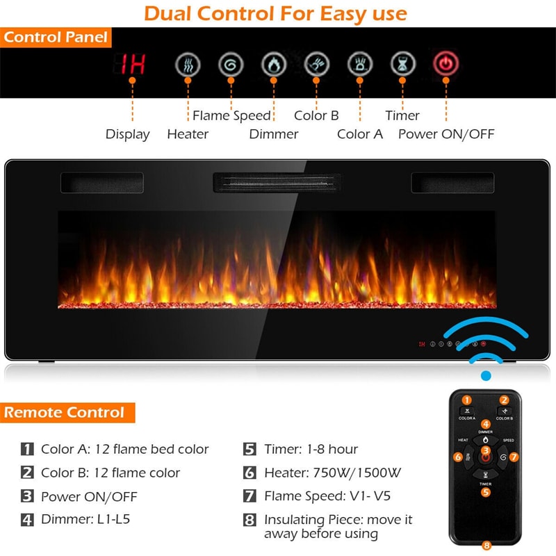 50 Inch Recessed Electric Fireplace Ultra Thin Wall Mounted Heater with Touch Screen