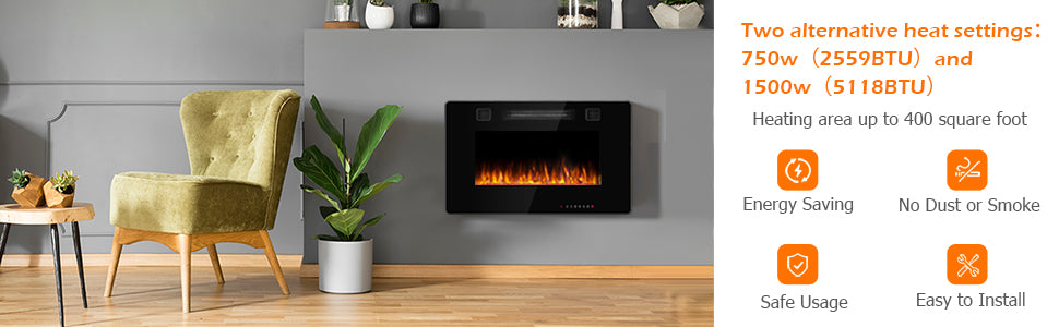 50 Inch Recessed Electric Fireplace Ultra Thin Wall Mounted Heater with Touch Screen