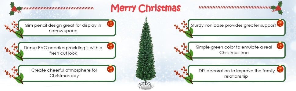 9ft PVC Artificial Slim Pencil Christmas Tree with Metal Stand