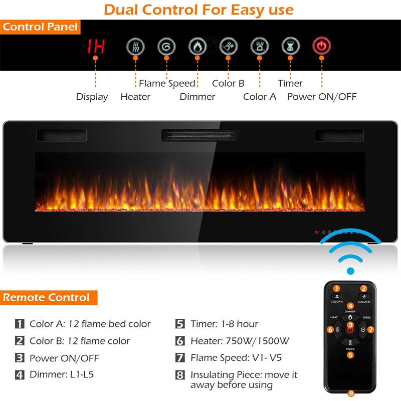 60" Recessed Electric Fireplace Ultra Thin Wall Mounted Heater with Touch Screen