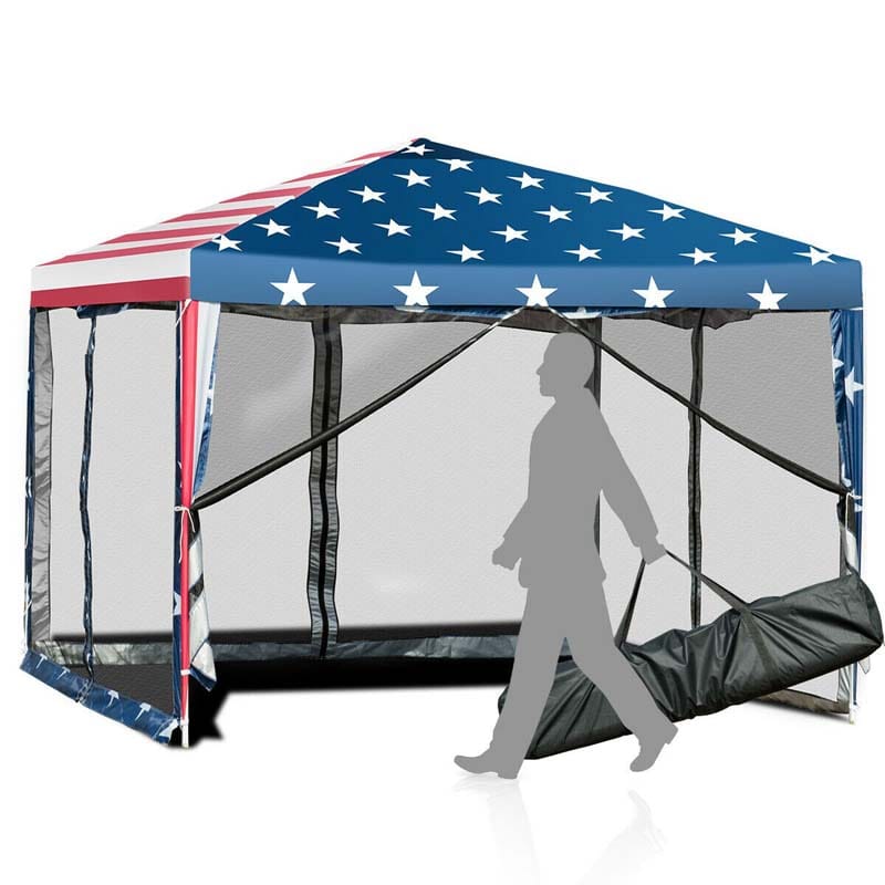 10x10 ft Pop-Up Canopy Tent Outdoor Canopy Tent Waterproof Screen House Room Tent with Carry Bag and Netting for Camping, Backyard, Wedding, American Flag Printing