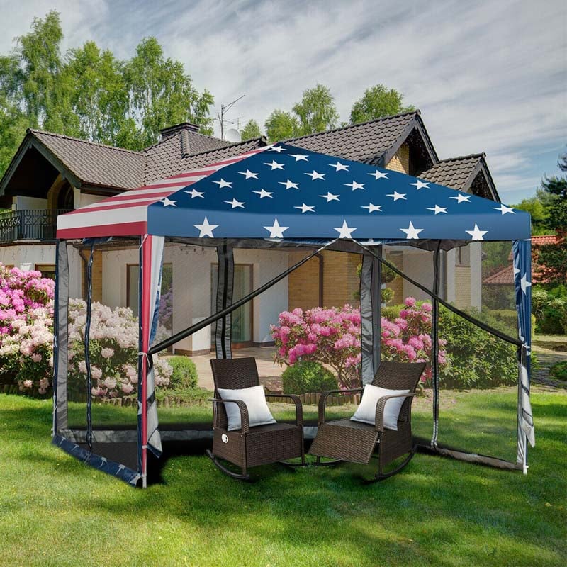 10x10 ft Pop-Up Canopy Tent Outdoor Canopy Tent Waterproof Screen House Room Tent with Carry Bag and Netting for Camping, Backyard, Wedding, American Flag Printing