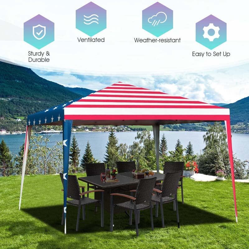 10x10 ft Pop-Up Canopy Tent Outdoor Canopy Tent Waterproof Screen House Room Tent with Carry Bag and Netting for Camping, Backyard, Wedding, American Flag Printing